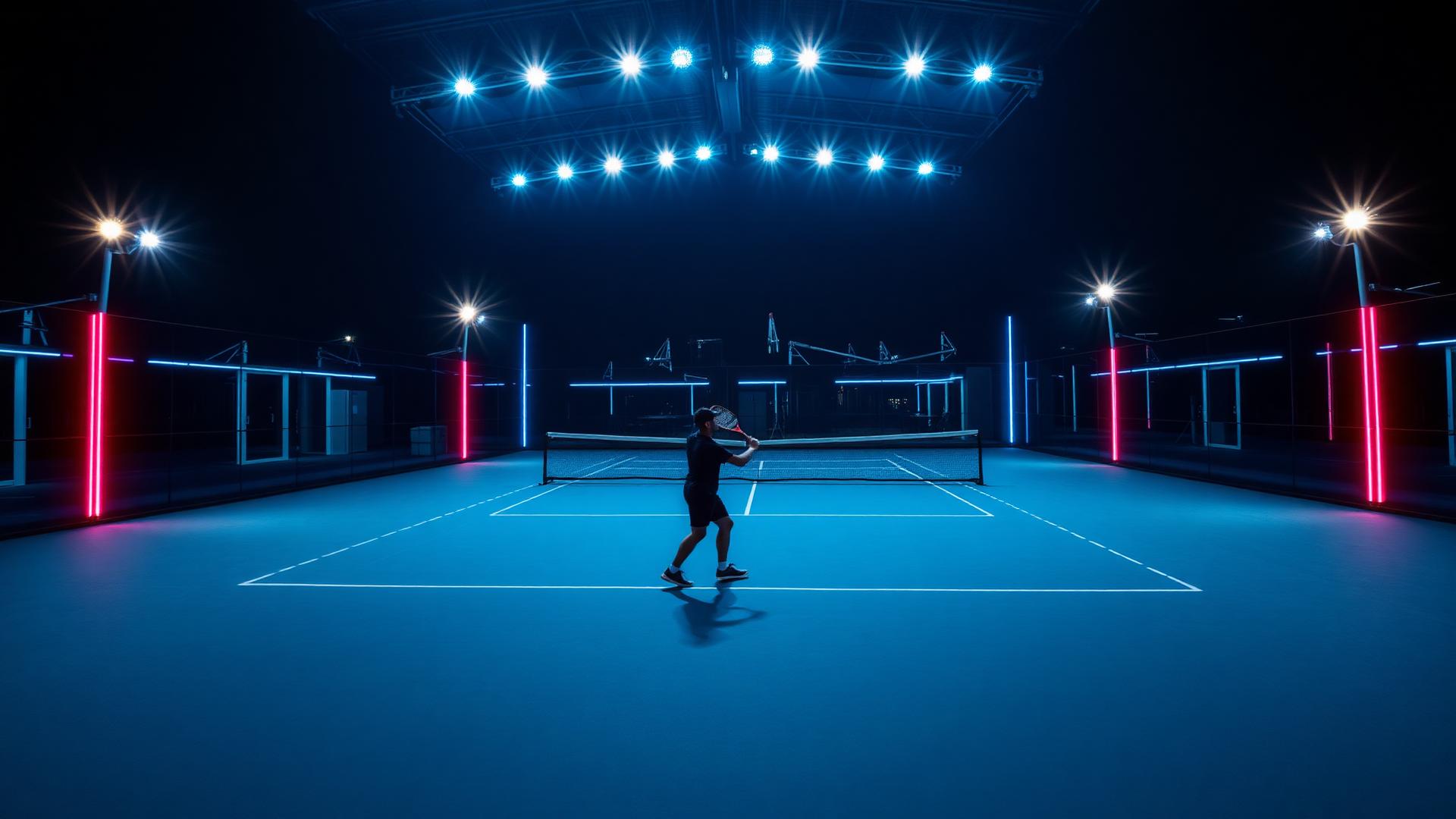 Pista de pádel iluminada con luces neón